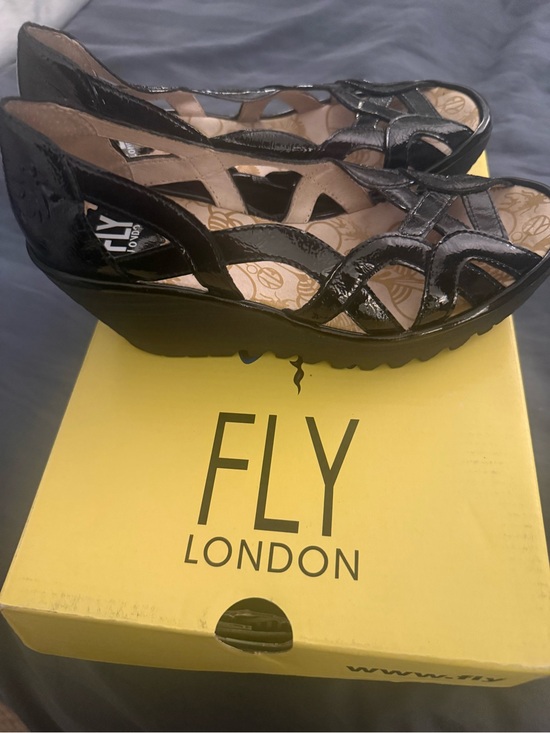 Fly London Shoes - FLY London Women's Black Cutout Leather Wedge Sandals, Size 37